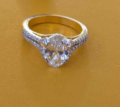 Oval cut lab grown double lane pave 14k gold ring