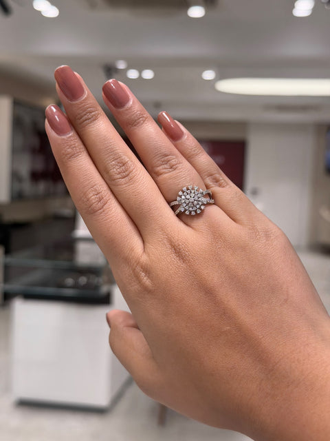Dome Pavé Round Cut Moissanite Diamond Engagement Sterling Silver Ring