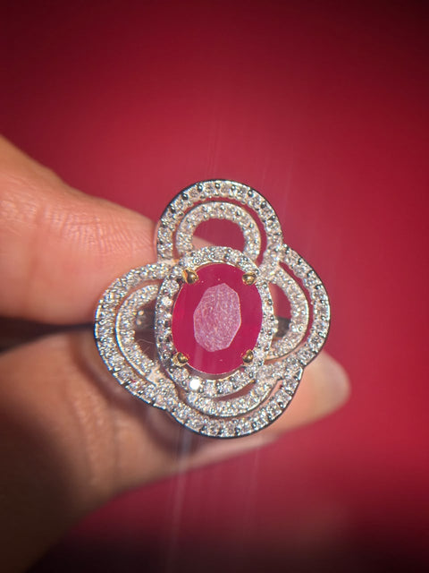 Ruby Floral Halo Gemstone and Moissanite Diamond Engagement Sterling Silver Ring