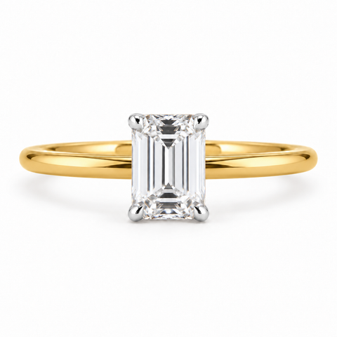 Celine Serene Emerald Cut Lab Grown Diamond 14K Gold Ring studio image on white background