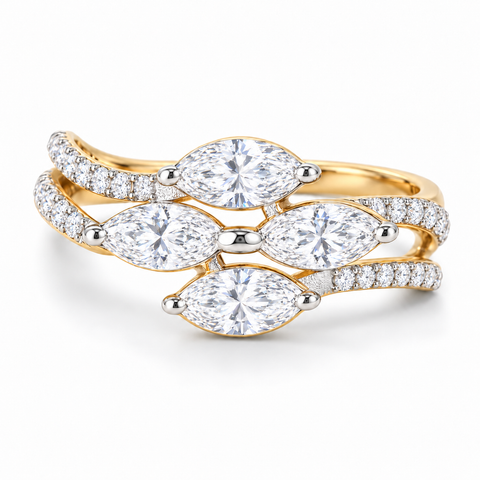 Floral Halo Marquise Cut Lab Grown Diamond 14K Gold Ring — bright white diamond studio render