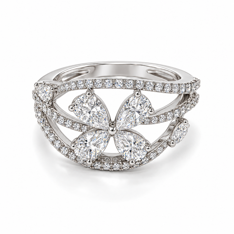 Fan Cluster Pear Cut Lab Grown Diamond 14K Gold Ring — studio render