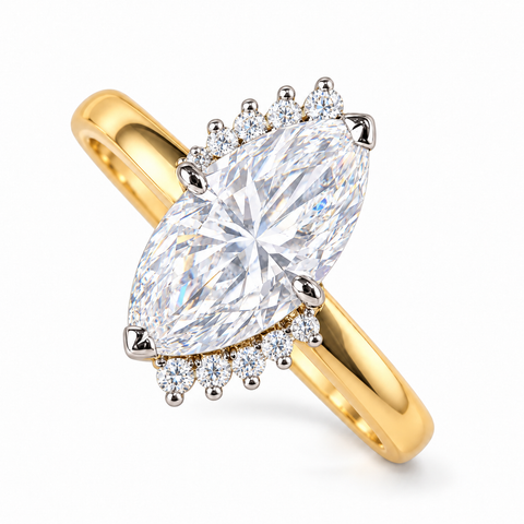 Leaf Halo Marquise Cut Lab Grown Diamond 14K Gold Ring — bright white diamond studio render