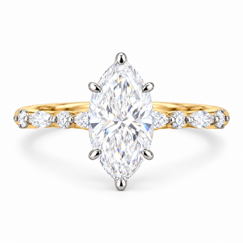 Delicate Leaf Marquise Cut Lab Grown Diamond 14K Gold Ring — bright white diamond studio render