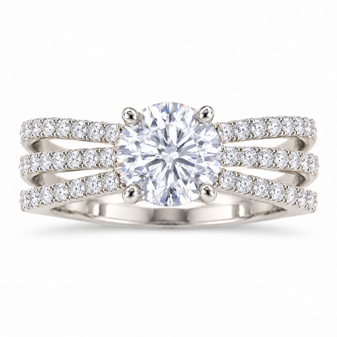 Liora Verve Round Cut Lab Grown Diamond Three lane Engagement 14K Gold Ring — bright white diamond studio render