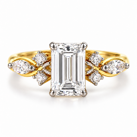 SR-1047 white E colour VS1 emerald cut lab grown diamond ring with marquise accents in 14K gold