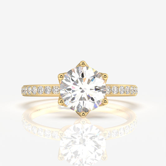 Round Cut Tulip Six Prong Moissanite Diamond Pave Sterling Silver Ring