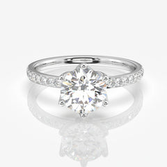 Round Cut Tulip Six Prong Moissanite Diamond Pave Sterling Silver Ring