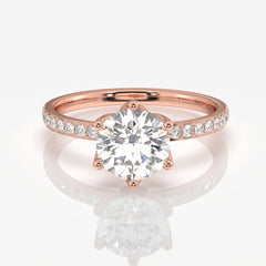 Round Cut Tulip Six Prong Moissanite Diamond Pave Sterling Silver Ring