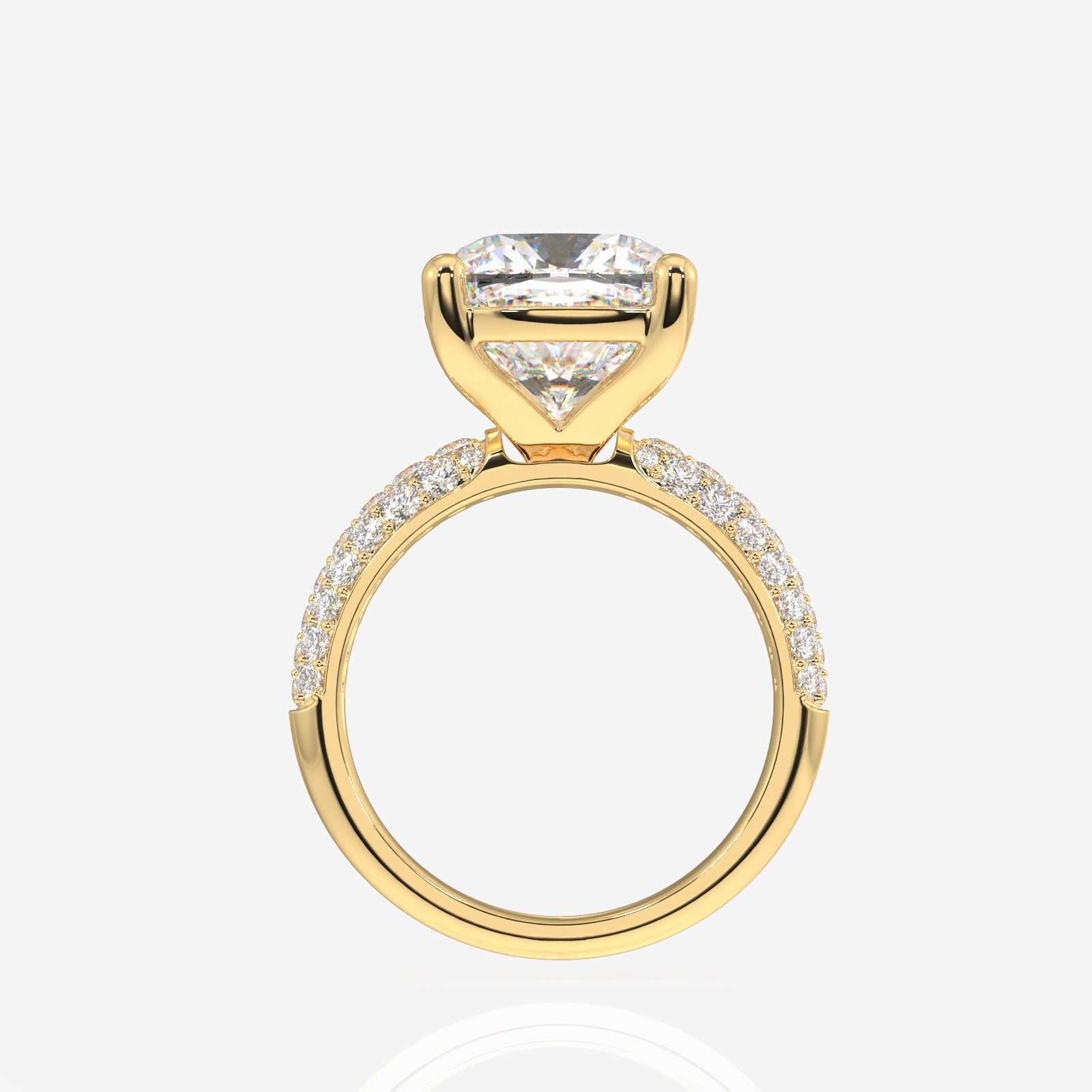Cushion Cut Lab Grown Diamond Three Layer Pave 14K Gold Ring