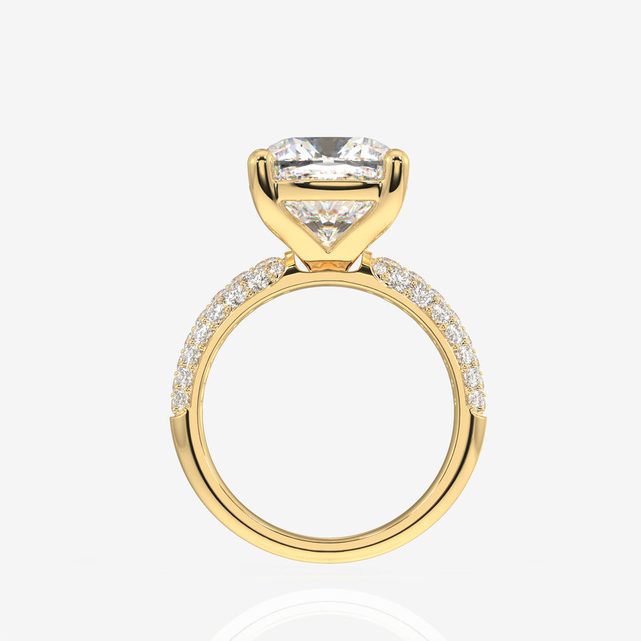 Cushion Cut Lab Grown Diamond Three Layer Pave 14K Gold Ring
