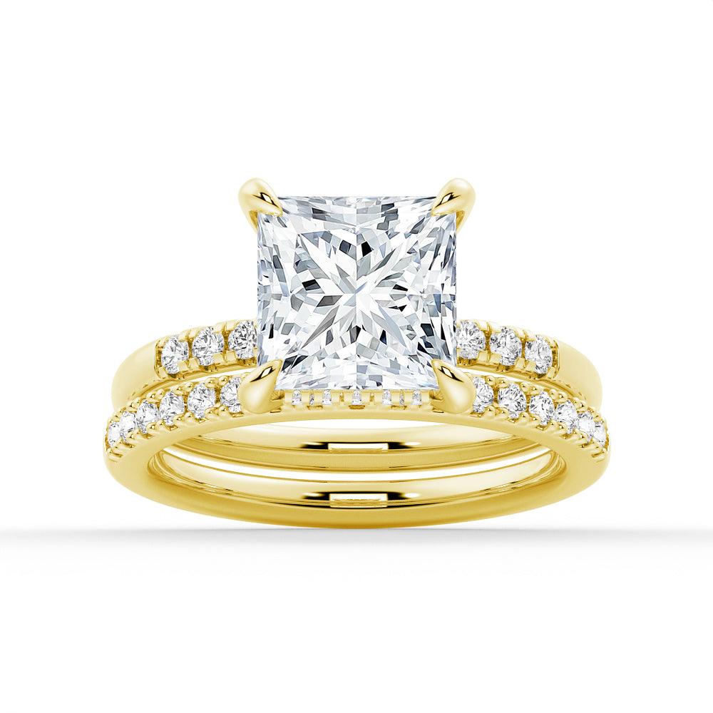 Princess Cut Lab Grown Diamond Hidden Halo Engagement 9K Gold Ring