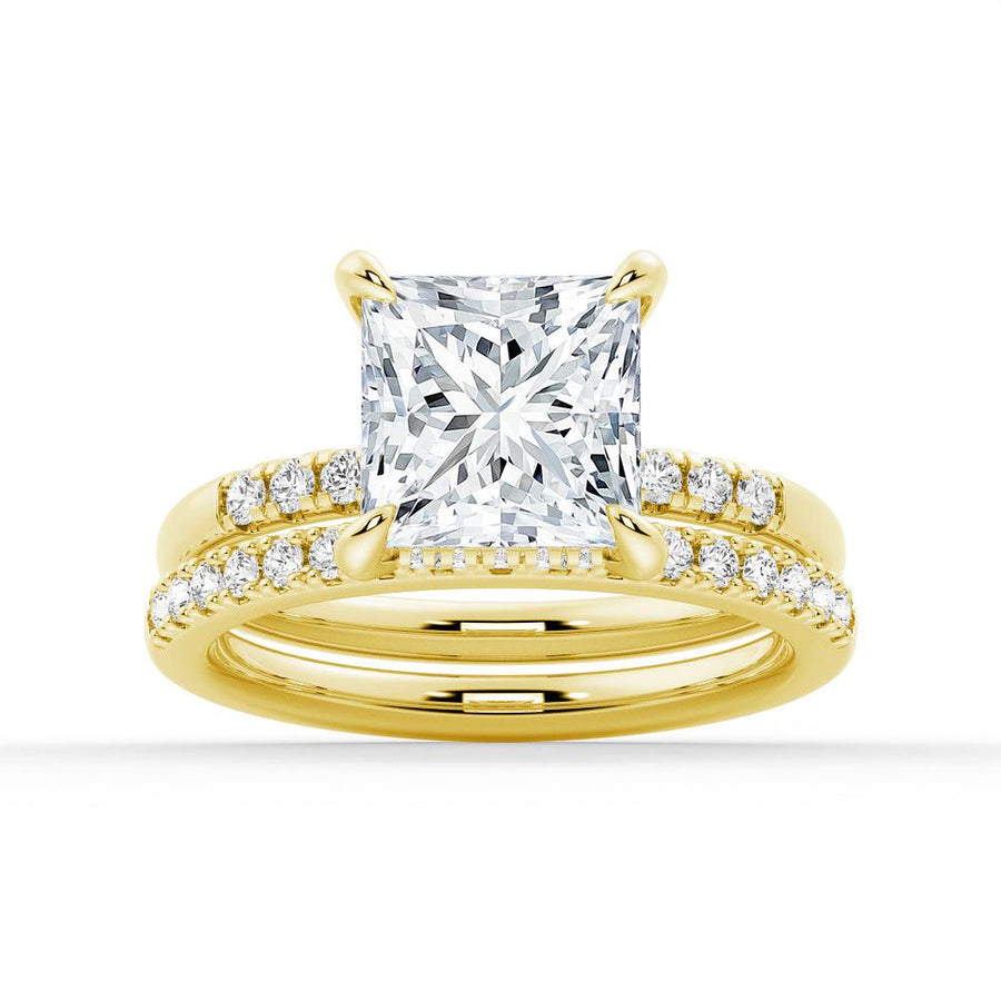Princess Cut Lab Grown Diamond Hidden Halo Engagement 9K Gold Ring