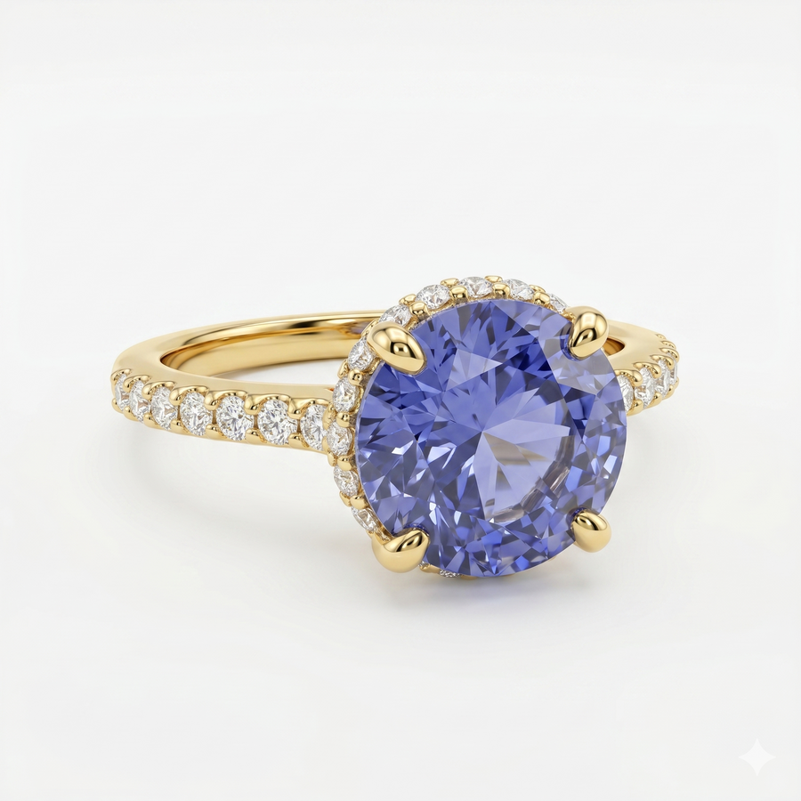 Synthetic Blue Round Cut & Moissanite Diamond Engagement Sterling Silver Ring
