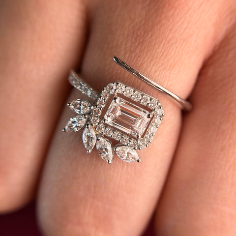Floral Halo Emerald Cut Lab Grown Diamond 14K Gold Ring