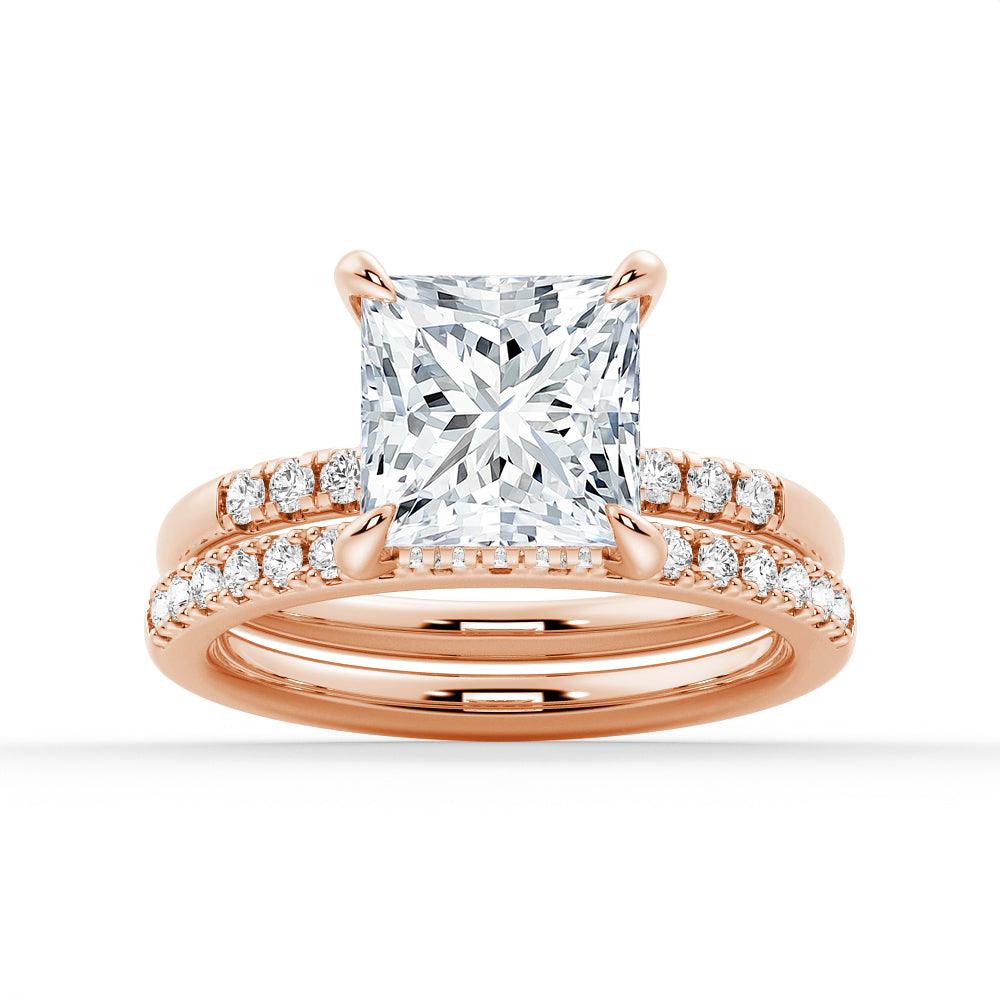 Princess Cut Lab Grown Diamond Hidden Halo Engagement 9K Gold Ring