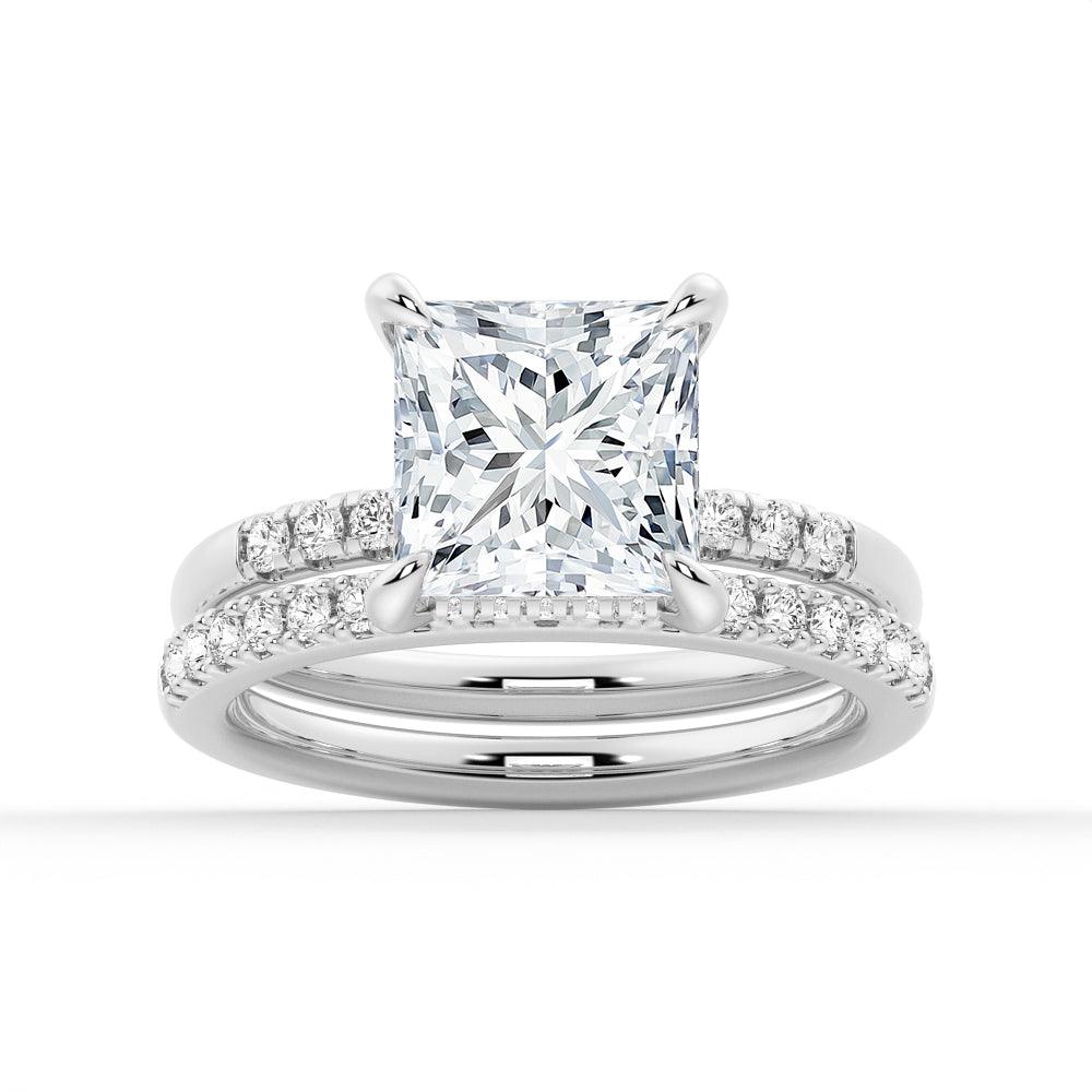 Princess Cut Moissanite Diamond Hidden Halo Engagement Sterling Silver Ring