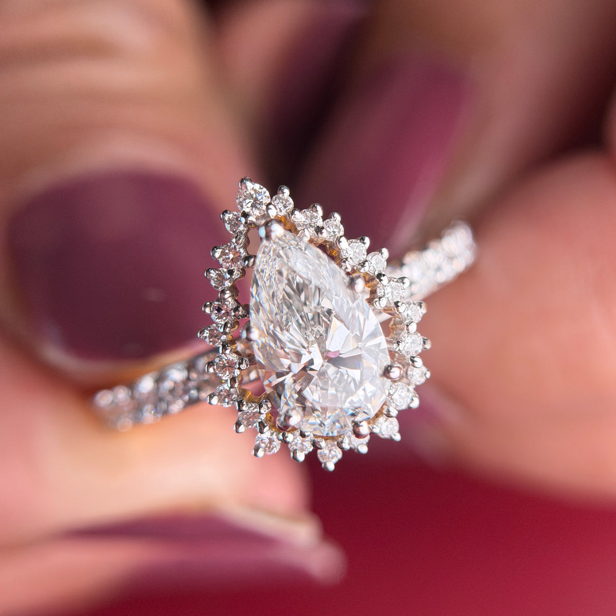 Floral Halo Pear Cut Lab Grown Diamond 14K Gold Ring
