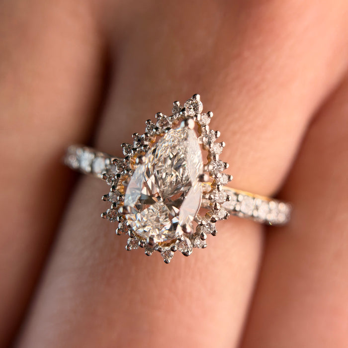 Halo Style Pear Cut Moissanite Diamond Sterling Silver Engagement Ring