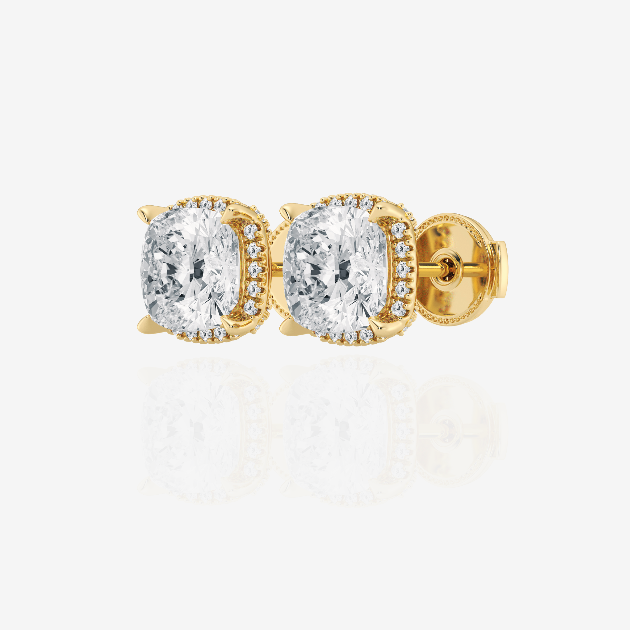 Cushion Cut Moissanite Diamond Halo 18k Gold Stud Earrings