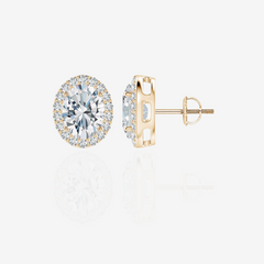 Oval Cut Moissanite Diamond Halo Stud 18k Gold Earrings