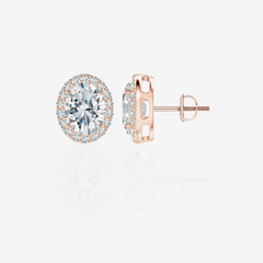 Oval Cut Moissanite Diamond Halo Stud 18k Gold Earrings