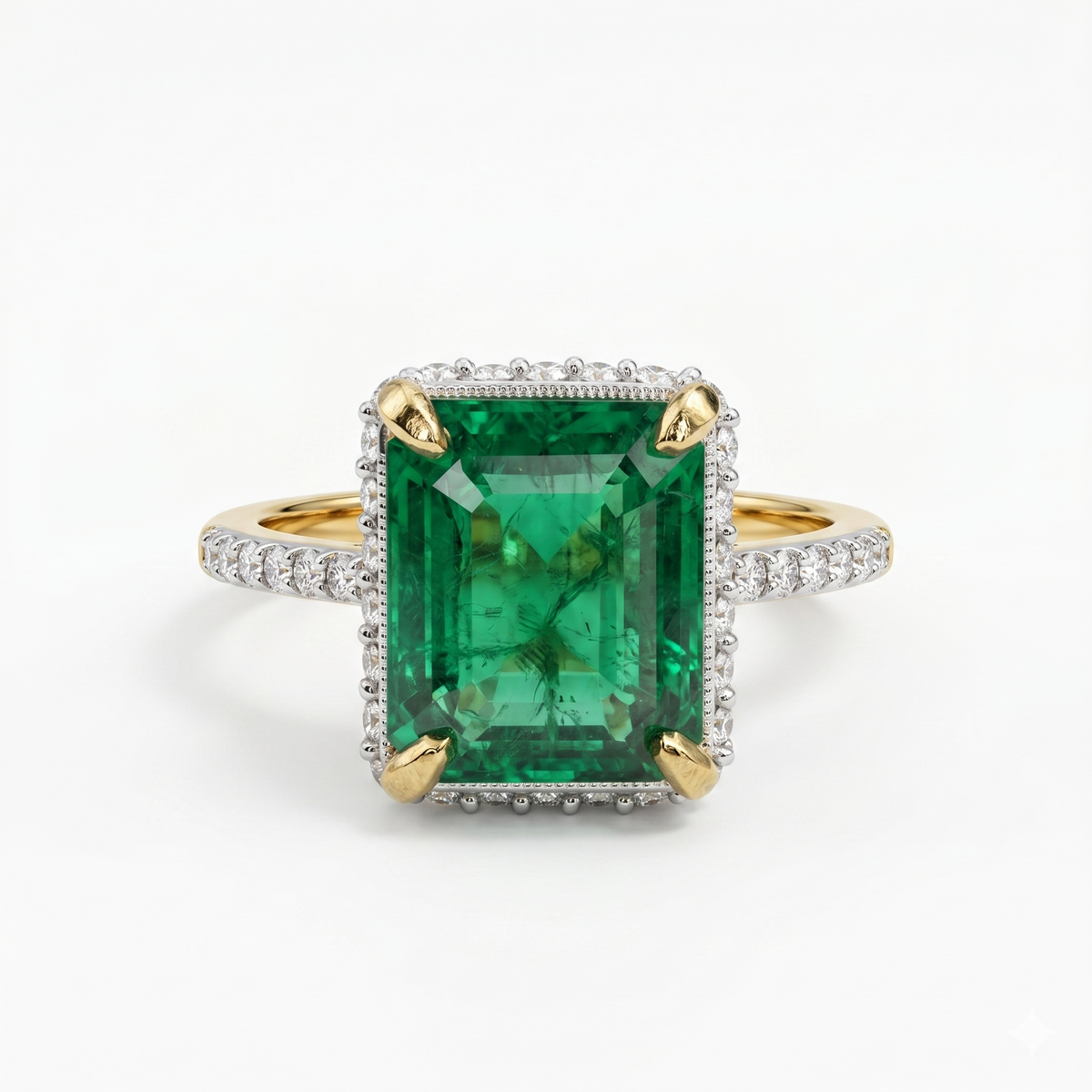 Synthetic Green Emerald Cut & Moissanite Diamond Engagement Sterling Silver Ring