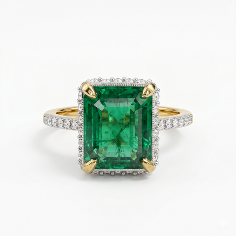 Synthetic Green Emerald Cut & Moissanite Diamond Engagement Sterling Silver Ring