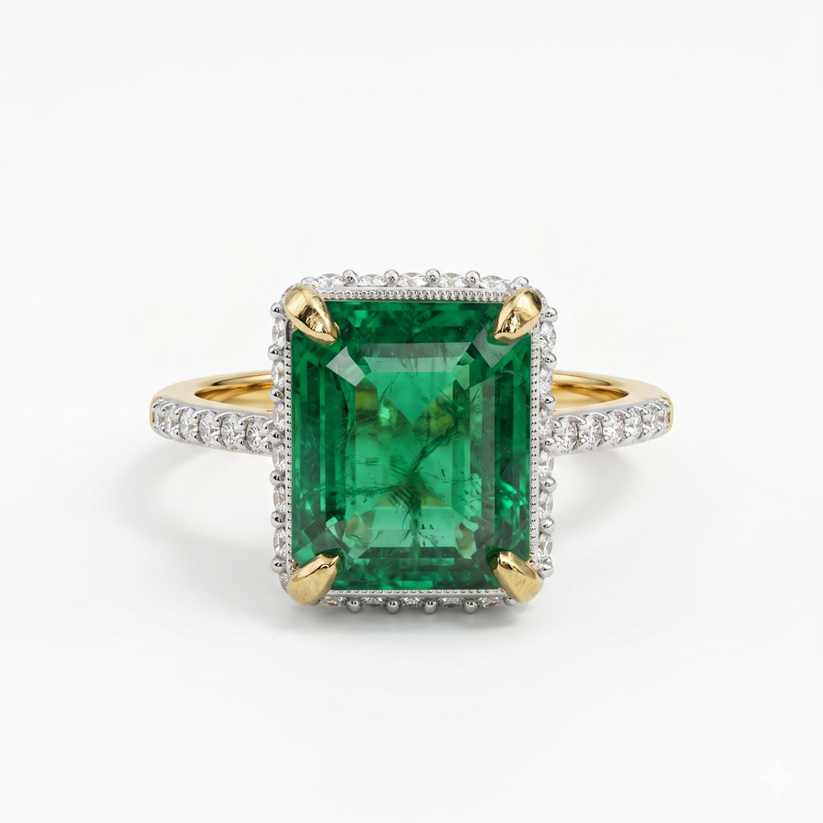 Synthetic Green Emerald Cut & Moissanite Diamond Engagement Sterling Silver Ring