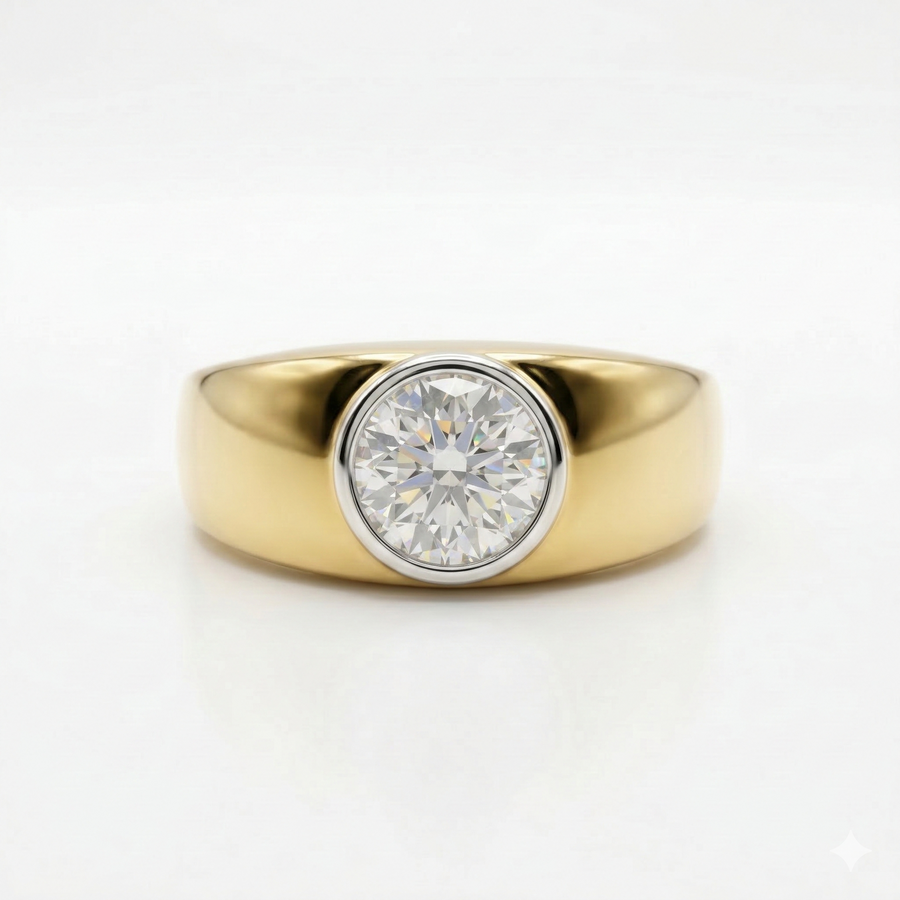 Round Cut Moissanite Diamond Men's Sterling Silver Ring