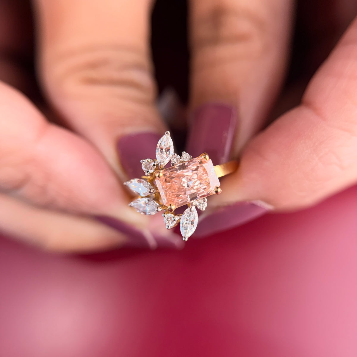 Champagne Radiant Cut Lab Grown Diamond Engagement 14K Gold Ring