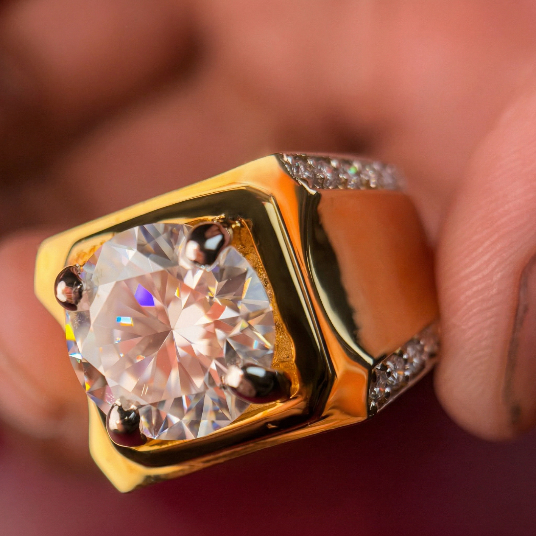 Moissanite Diamond, Men' s Unique Engagement 14k Gold Ring