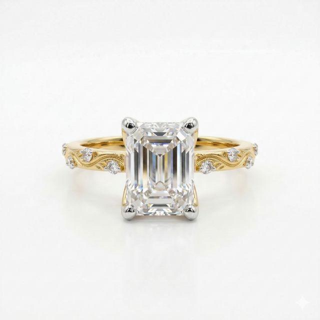 Emerald Cut Lab Grown Diamond Twist Pave 14K Gold Ring