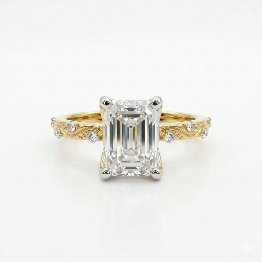 Emerald Cut Moissanite Diamond Twisted Pave Sterling Silver Ring