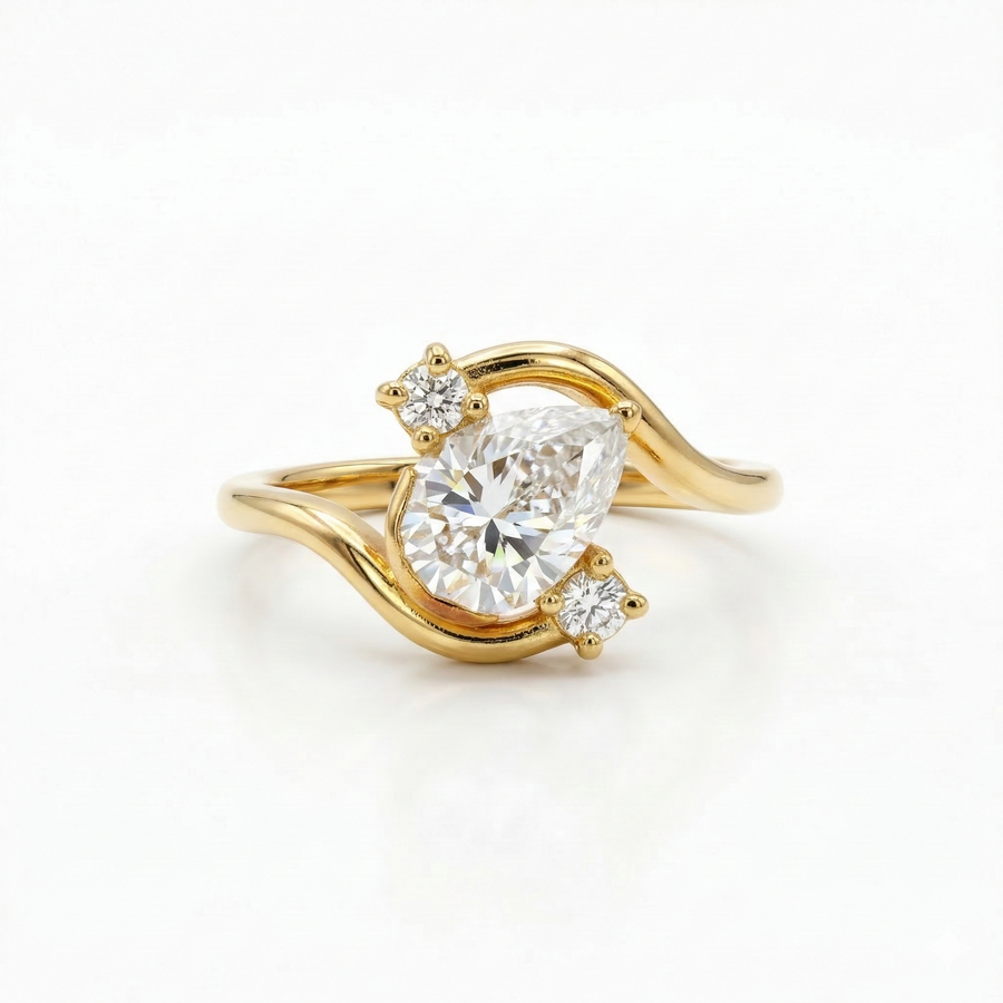 Pear and Round Moissanite Diamond Engagement 18K Gold Ring