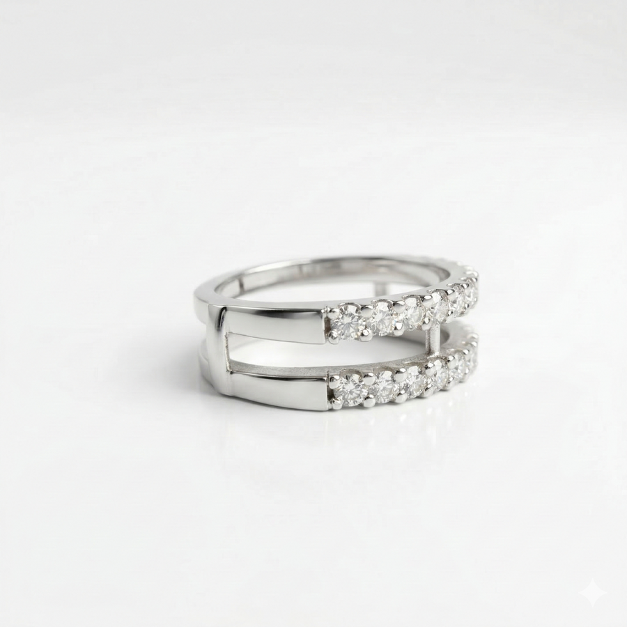 Round Cut Two Lane Lab Grown Diamond 18K Gold Wedding Ring Band
