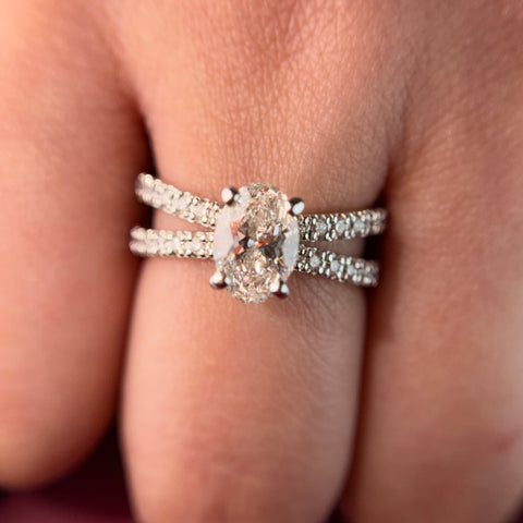 Pavé Halo Oval Cut Moissanite Diamond Engagement 18K Gold Ring