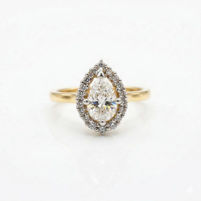 Pear Cut Halo Moissanite Diamond 18k Gold Ring