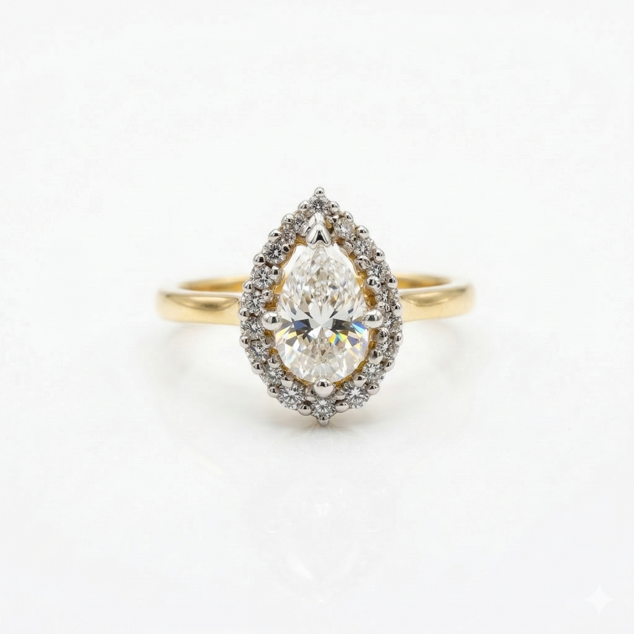 Pear Cut Halo Moissanite Diamond 9k Gold Ring