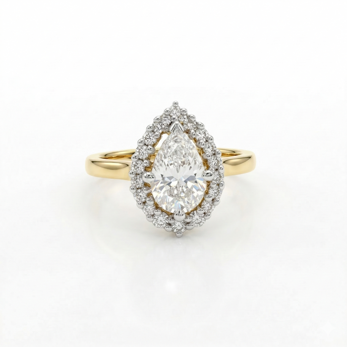 Pear Cut Moissanite Diamond Halo Sterling Silver Ring