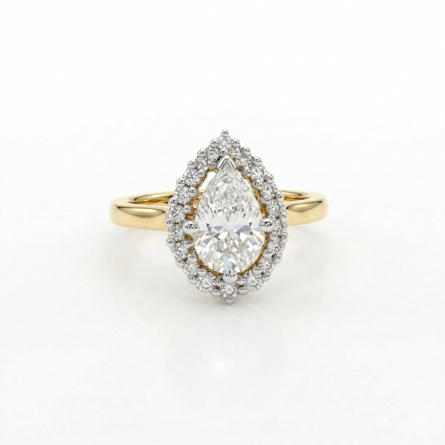 Pear Cut Halo Lab Grown Diamond 14k Gold Ring