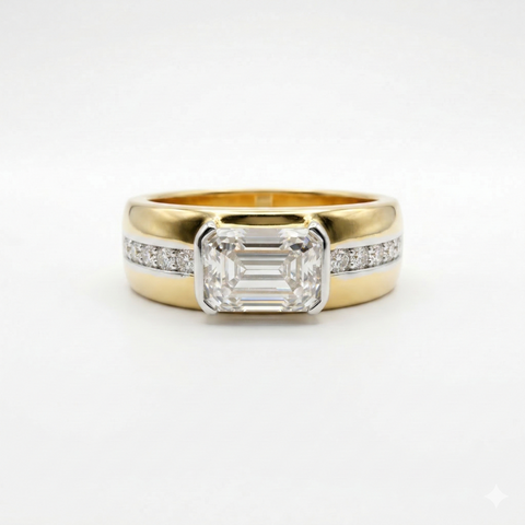 Emerald & Round Cut Moissanite Diamond Men's 14K Gold Ring