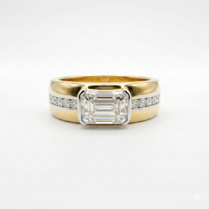 Emerald & Round Cut Moissanite Diamond Men's Sterling Silver Ring