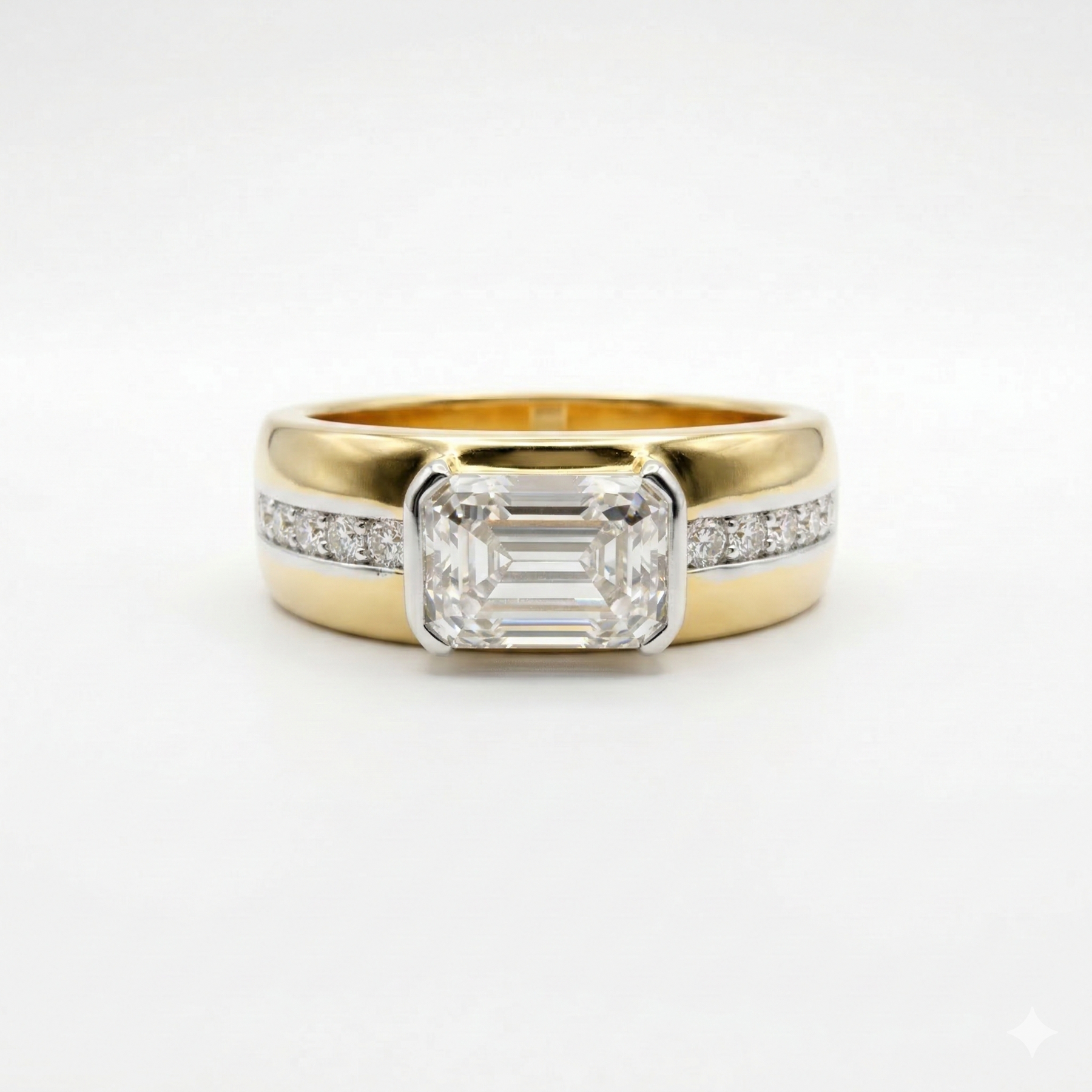 Emerald & Round Cut Lab Grown Diamond Men's 14K Yellow Gold Ring