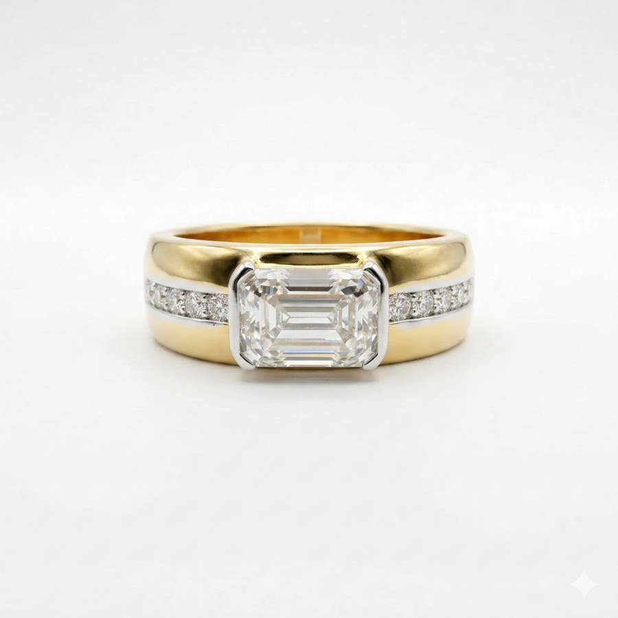 Emerald & Round Cut Lab Grown Diamond Men's 14K Yellow Gold Ring