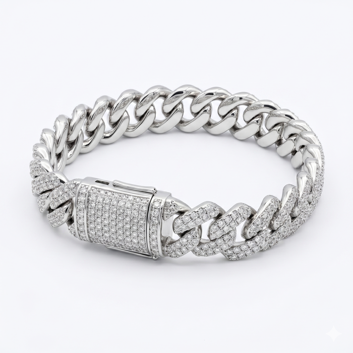 Round Cut Moissanite Diamond Cuban Sterling Silver Bracelet