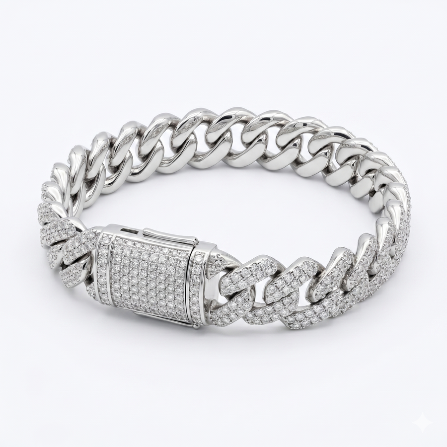 Round Cut Moissanite Diamond Cuban Sterling Silver Bracelet