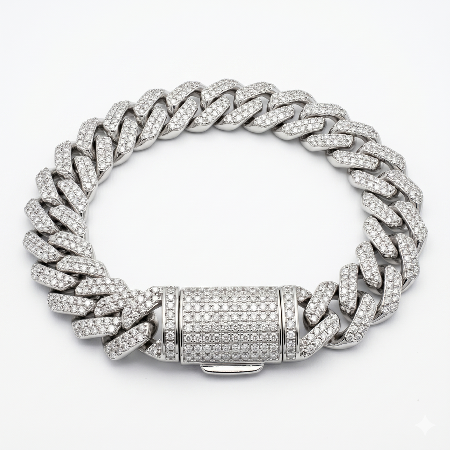 Round Cut Moissanite Diamond Cuban Sterling Silver Bracelet