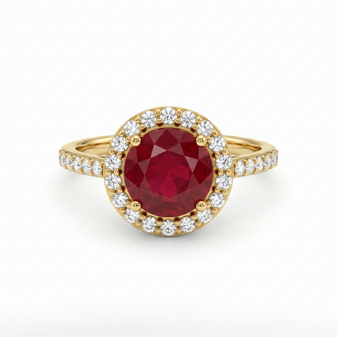Synthetic Red Round Cut & Moissanite Diamond Engagement Sterling Silver Ring