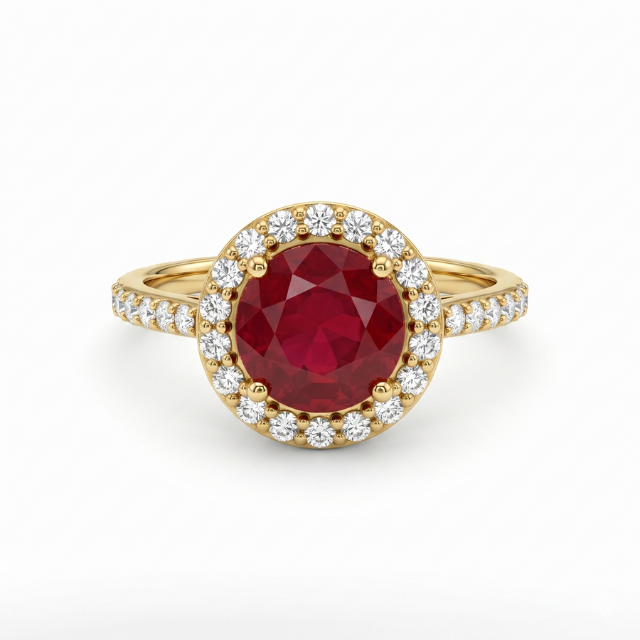 Synthetic Red Round Cut & Moissanite Diamond Engagement Sterling Silver Ring